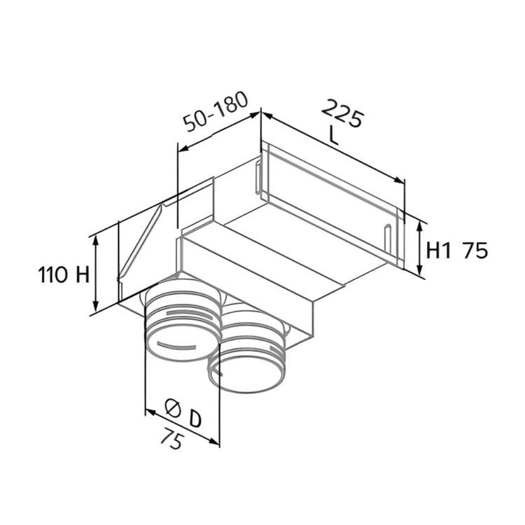 SKRZYNKA ROZPRĘŻNA KĄTOWA ŚCIENNA 2x75 + KRATKA WENTYLACYJNA 200x55 mm