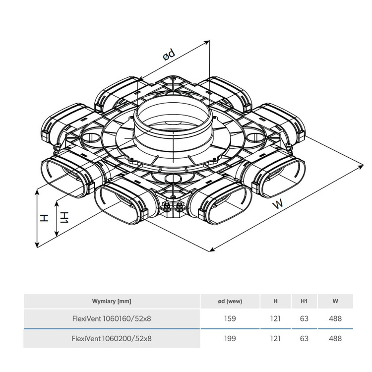 Skrzynka rozdzielcza- Rekuperacja - System Owalny FLAT 8x52 / 160mm