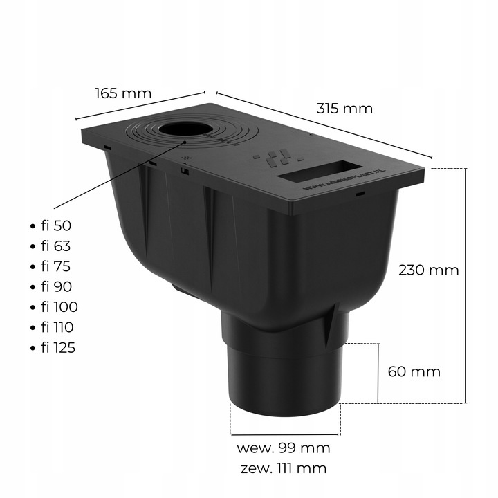 Osadnik Rynnowy Pionowy ANTRACYT do Rur Okrągłych z klapką rewizyjną fi110 