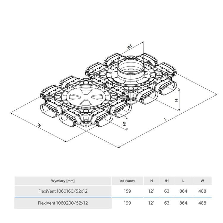 Skrzynka rozdzielcza - Rekuperacja - System Owalny FLAT 12x52 / 160mm