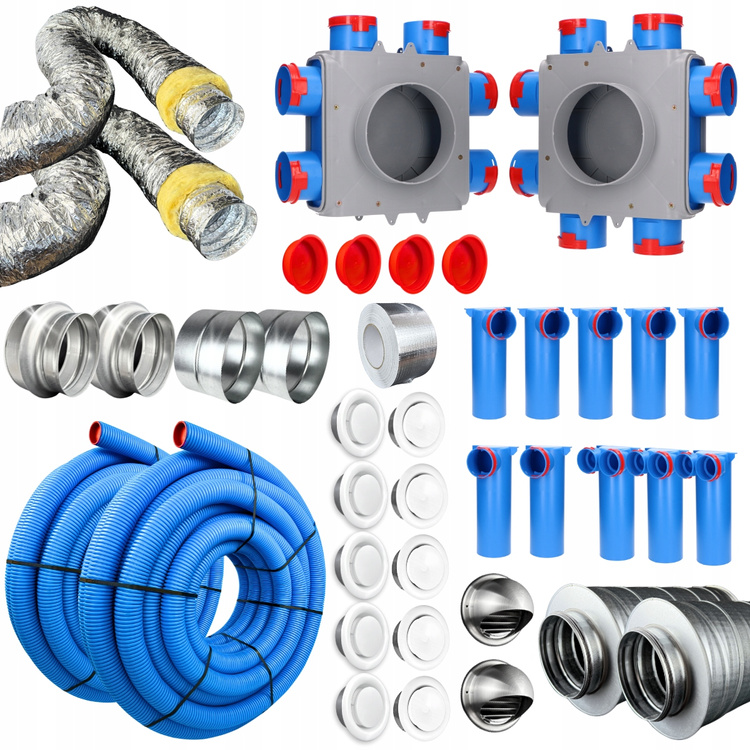 ZESTAW DO REKUPERACJI fi90 kanały, skrzynki rozprężne, rozdzielcze, tłumiki
