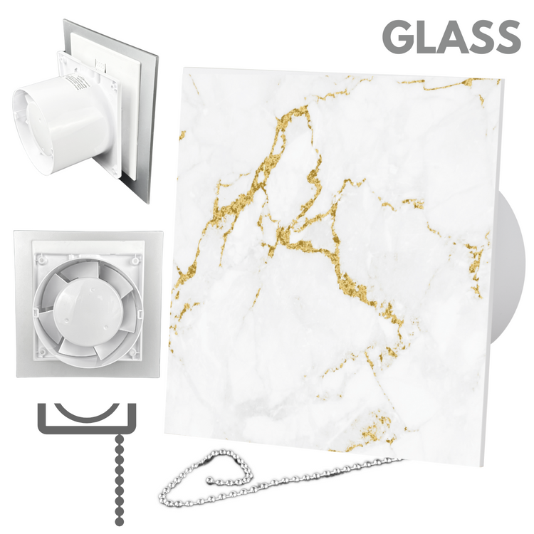 Wentylator łazienkowy dRim fi125 (PS) + FRONT Szkło Biało złoty marmur