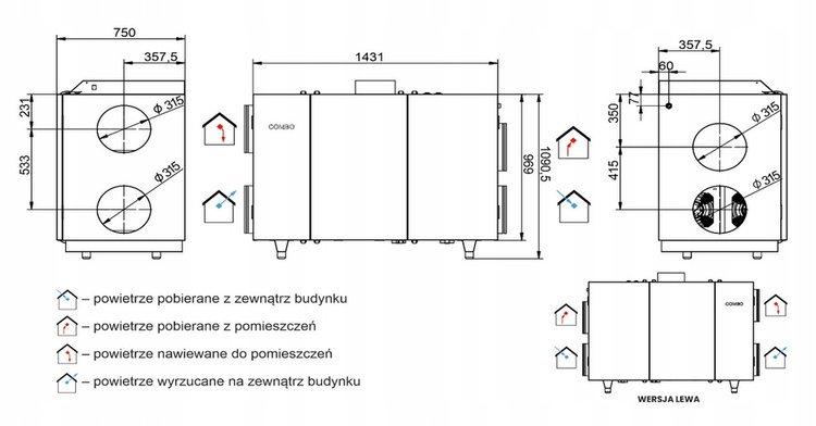 Rekuperator WANAS COMBO 1330H Centrala wentylacyjna - 1330 m3/h