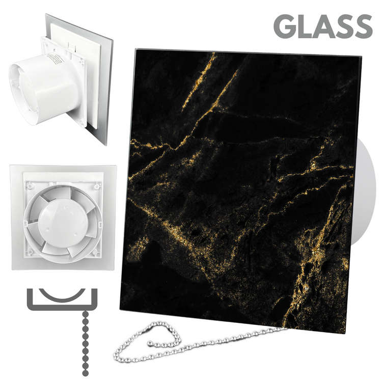 Wentylator łazienkowy dRim fi125 (PS) + FRONT Szkło Czarno złoty marmur