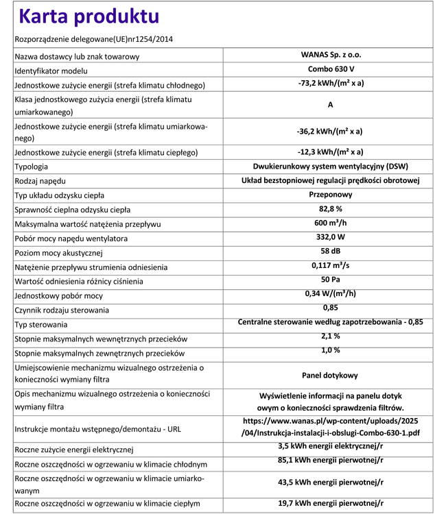 Rekuperator WANAS COMBO 630V PIONOWY Centrala wentylacyjna - 630 m3/h
