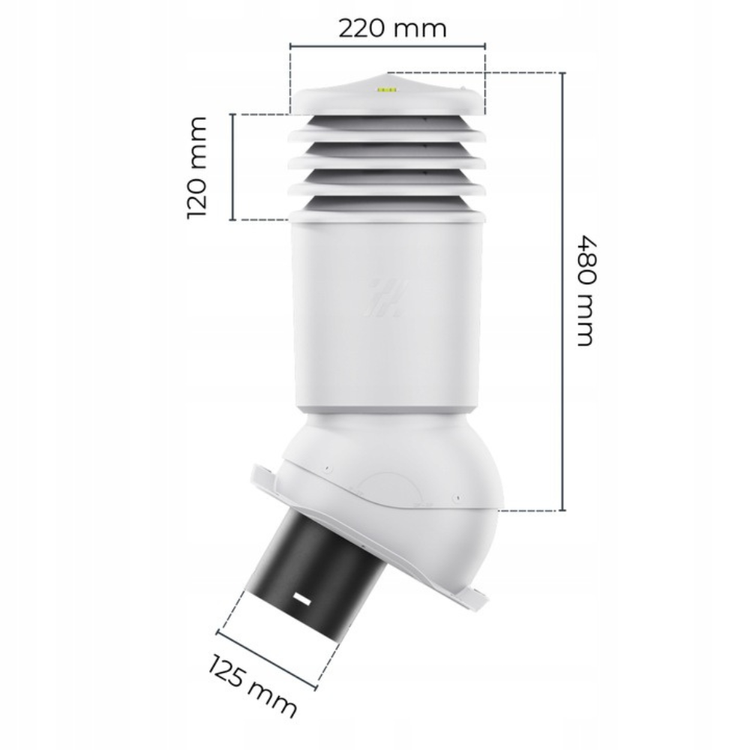 Kominek Wentylacyjny IZOLOWANY WYRZUTNIA fi125mm do blachy trapezowej  T18 JASNOSZARY RAL 7036