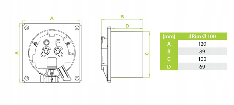 Wentylator łazienkowy dRim fi100 (DTS) + FRONT Szczotkowane złoto