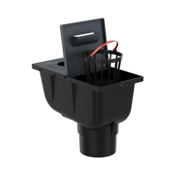 Osadnik Rynnowy Pionowy ANTRACYT do Rur Okrągłych z klapką rewizyjną fi110 