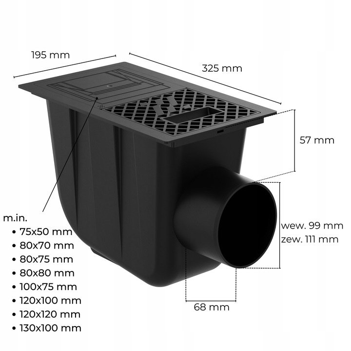 Osadnik Rynnowy Boczny JASNOSZARY do Rur Kwadratowych z kratką rewizyjną fi110 