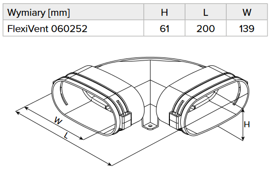 Kolano poziome 90° Rekuperacja - System Owalny FLAT 52x117 mm