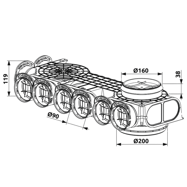 SKRZYNKA ROZDZIELCZA ROGOWA PRZELOTOWA PRAWA ROZDZIELACZ REKUPERACJA fi160/200 / 8x90 mm