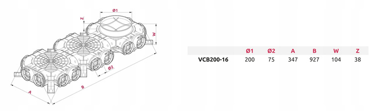 SKRZYNKA ROZDZIELCZA ROZDZIELACZ REKUPERACJA WENTYLACJA fi200 / 16x75mm
