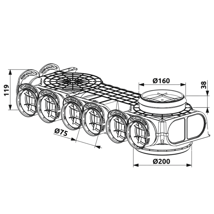 SKRZYNKA ROZDZIELCZA ROGOWA PRZELOTOWA PRAWA ROZDZIELACZ REKUPERACJA fi160/200 / 8x75 mm