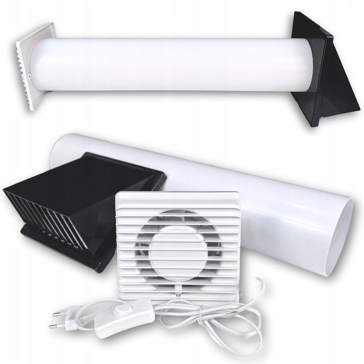 Zestaw wentylacyjny wywiewny wentylator przez ścianę 100 mm + KABEL WŁĄCZNIK