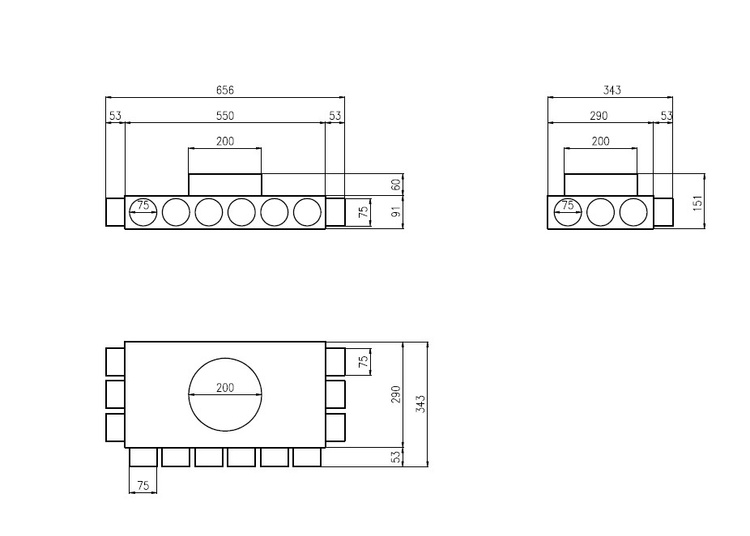 Skrzynka rozdzielcza rozdzielacz rurowy wentylacyjny fi 200 / 12x75 mm