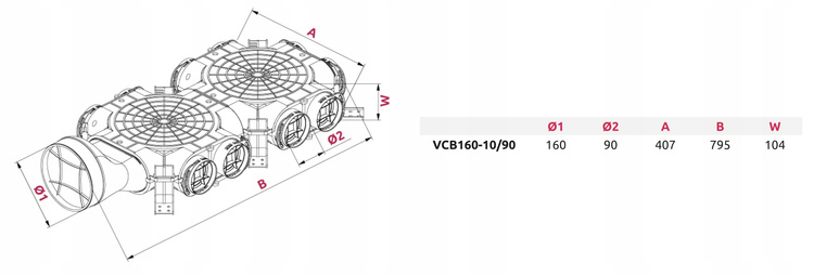 SKRZYNKA ROZDZIELCZA WEJŚCIE BOCZNE ROZDZIELACZ REKUPERACJA fi160 / 10x90mm