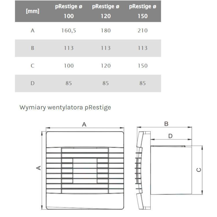Wentylator łazienkowy pRestige 150 ZG Żaluzja TS Timer