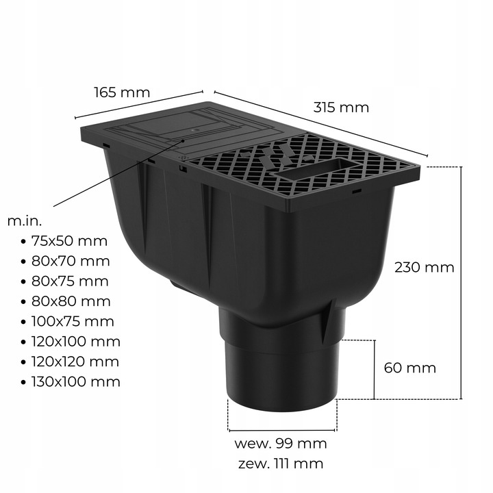 Osadnik Rynnowy Pionowy BRĄZOWY do Rur Kwadratowych z kratką rewizyjną fi110