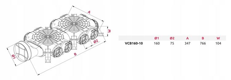 SKRZYNKA ROZDZIELCZA WEJŚCIE BOCZNE ROZDZIELACZ REKUPERACJA fi160 / 10x75mm