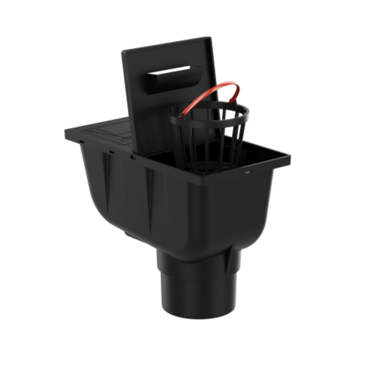 Osadnik Rynnowy Pionowy CZARNY do Rur Kwadratowych z klapką rewizyjną fi110 