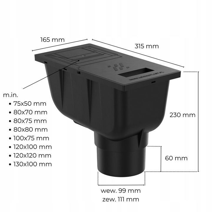 Osadnik Rynnowy Pionowy BRĄZOWY do Rur Kwadratowych z klapką rewizyjną fi110