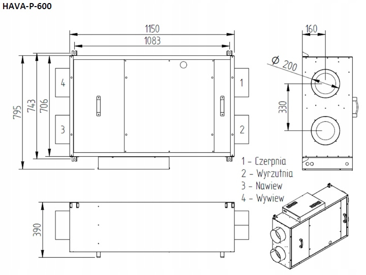 Rekuperator leżący HAVA L 600 z nagrzewnicą wstępną