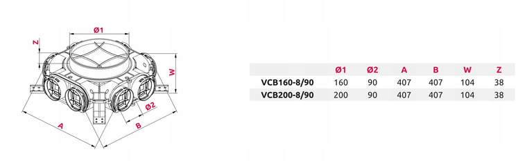 SKRZYNKA ROZDZIELCZA ROZDZIELACZ REKUPERACJA WENTYLACJA fi160 / 8x90mm