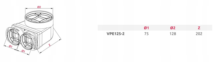 SKRZYNKA ROZPRĘŻNA pod anemostat podsufitowa PIONOWA fi125 / 2x75mm