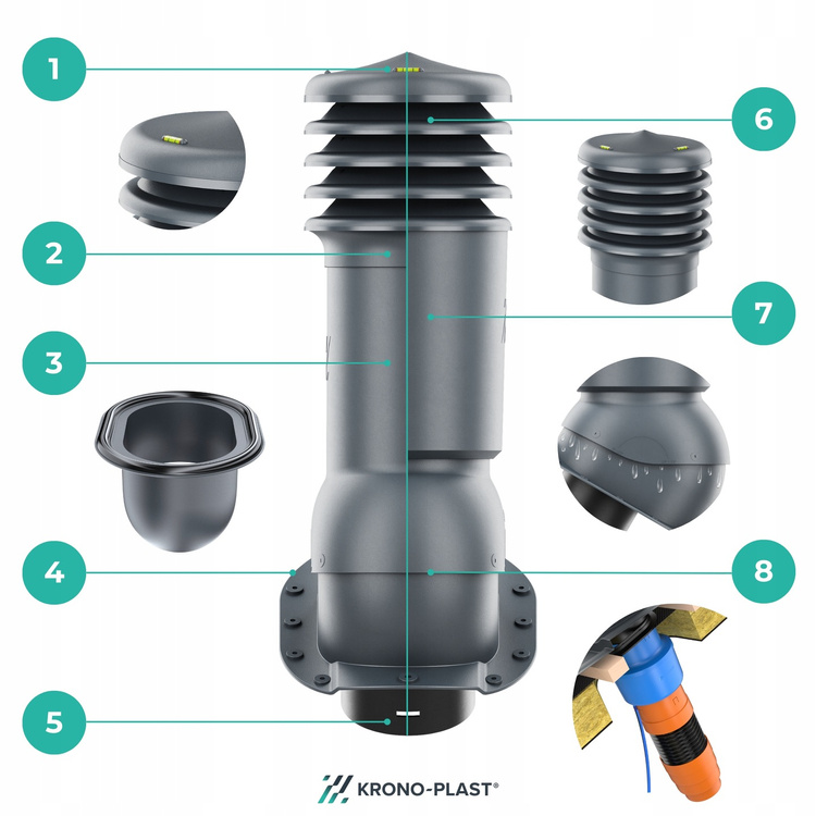 Kominek wentylacyjny IZOLOWANY WYRZUTNIA do pokryć płaskich CZERWONY fi150